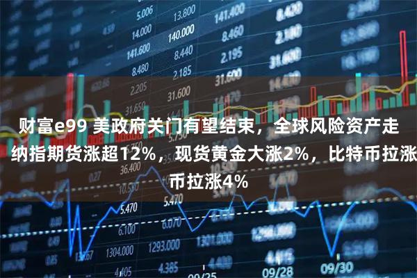 财富e99 美政府关门有望结束，全球风险资产走高，纳指期货涨超12%，现货黄金大涨2%，比特币拉涨4%